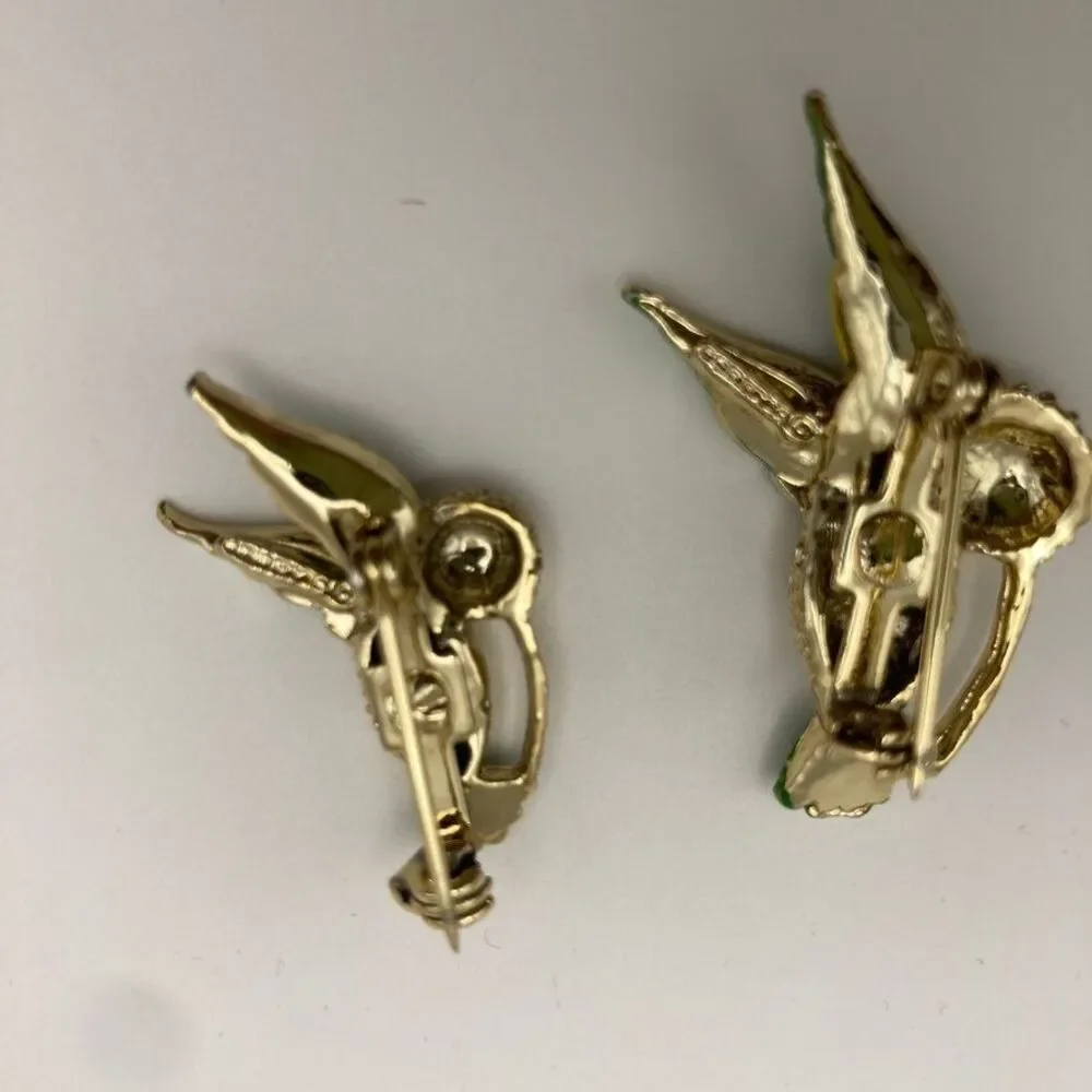 Gerry Vintage Hummingbird Pin Set of‎ 2 Gold Tone Green/Yl Enamel Rhinestone